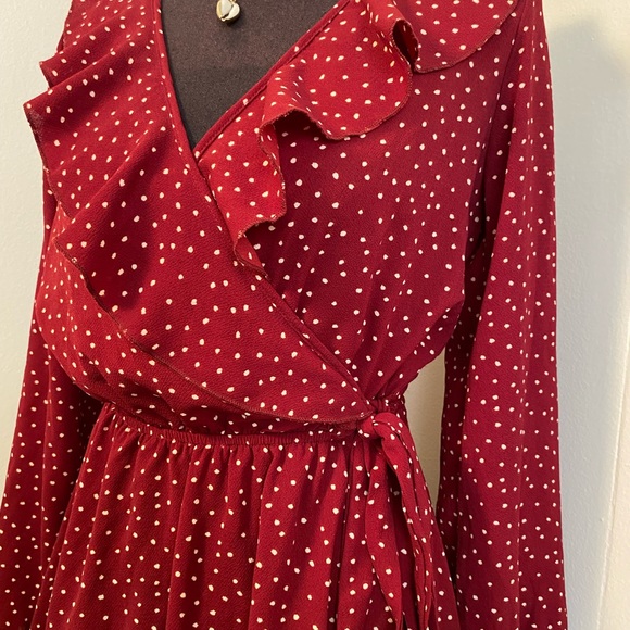 Burgundy Polkadot Wrap Dress - Picture 4 of 9